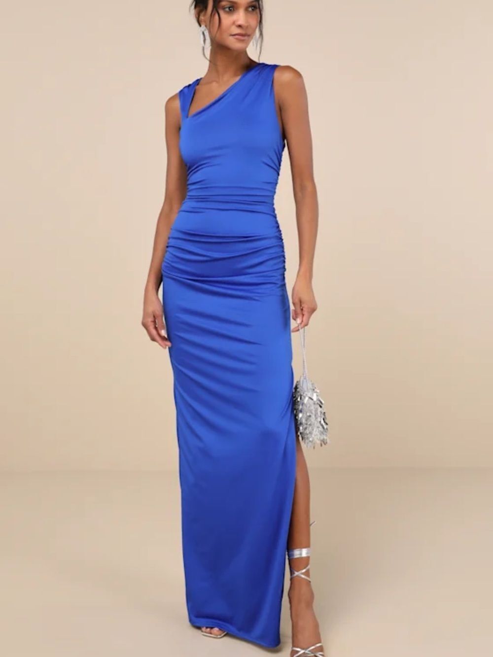 Lulus Enticing Darling Royal Blue Ruched One Shoulder Maxi Dress XS NWT